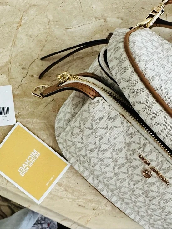 Michael Kors Cream White Logo-Print Crossbody with Tan Trim - Picture 4 of 13